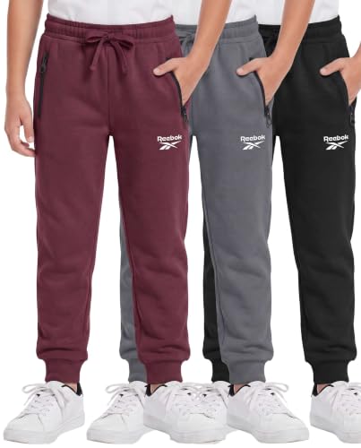 Reebok 3 Pack Boys Fleece Joggers Zipper Pockets Athletic Pants Sweatpants