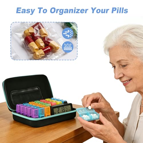 Image of Monthly Pill Organizer 2 /3 Times a Day, with Portable Hard Shell, Pill Cutter, 31-Day Box, Plastic Opening Pick, Monthly & Weekly Stickers, Medication Management (Green, 2 Times a Day with Clock)