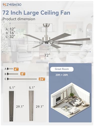 Image of ZMISHIBO 72 inch Brushed Nickel Modern Ceiling Fans with Lights and Remote, Indoor /Outdoor Ceiling Fan for Living Room Patio, 6 Speed Reversible Quiet DC Motor, 3 CCT, Dual Finish Blades