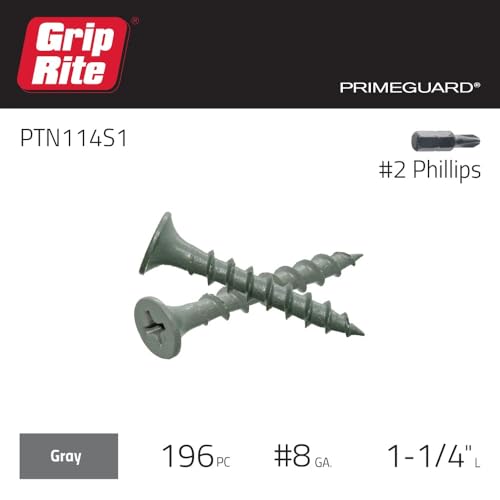 Image of Grip-Rite Exterior Screws - Safe for Use in Treated Lumber - #2 Phillips Bugle Head - Coarse Thread Deck Screws - PrimeGuard Coating - 1lb Box - #9 x 1-1 /4 inch - Gray - PTN114S1