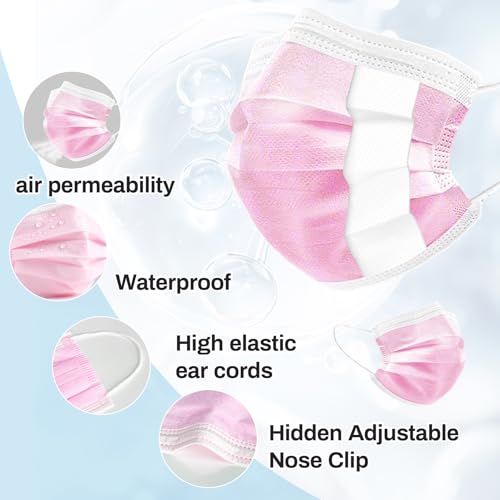 100 PCS Pink Disposable Face Mask - 3 Ply Filter Protection Face Masks with Elastic Earloops for Home, Office, School and Outdoors Comfortable, Soft, Breathable Daily Use