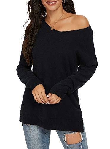QIXING Women's Casual V-Neck Long Sleeves Side Split Loose Fit Fuzzy Knit Pullover Sweater Tops4
