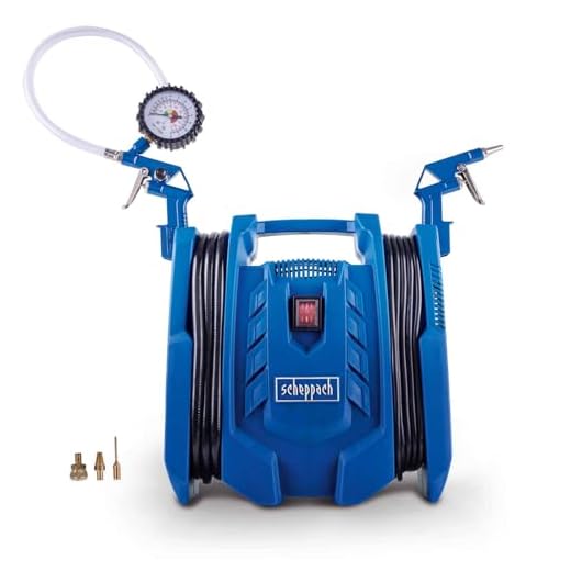 Scheppach mobiler Kompressor Airforce 7 Druckluftkompressor | 230V 1100W | 8bar Druck | 180 L/min | ölfrei & mobil | 8m Arbeitsradius | mit 4m Schlauch, 4m Kabel, Reifenfüller, Luftpistole & 3xAdapter