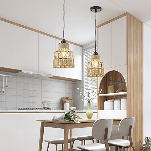 Xsdetu 2 Pack Woven Pendant Light, Hemp Rope Cage Pendant Light Fixtures, Industrial Hanging Lights With 4.9Ft Cord, Farmhouse Pendant Lighting For Kitchen Island, Dining Room, Foyer, Etl Listed #TOP23