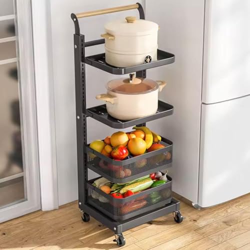 Carrito de cocina rodante, negro, 4 x 2 tablas y 2 cestas, carrito de almacenamiento versátil para utensilios y ollas, ahorra espacio, nizer móvil para el hogar y el comedor