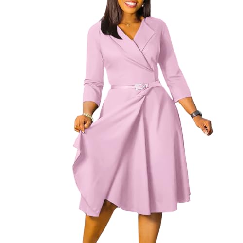 Image of Elainone Women 3 /4 Sleeve Casual Swing Flared A Line Dress Wedding Guest Semi Formal Office Work Dresses with Belt