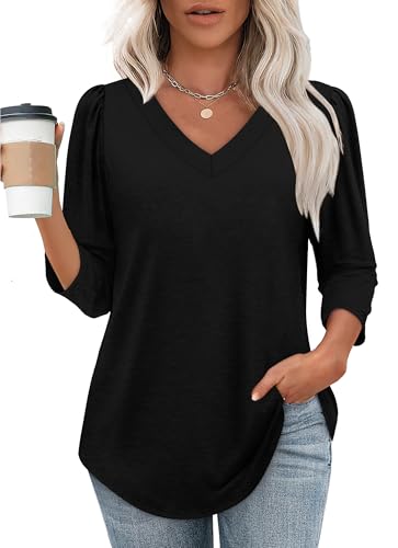 OFEEFAN Women's V Neck Shirts 3/4 Length Puff Sleeve Blouses Curved Hem Long Tunic Tops Dressy Casual S-3XL3