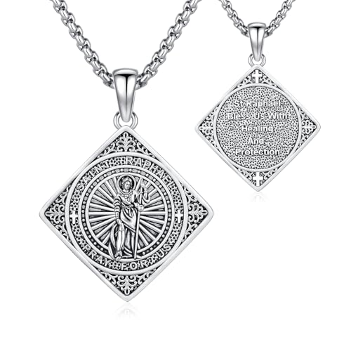 Adnix Silver Archangel Saint Raphael Medal Pendant Necklace Jewelry for Men