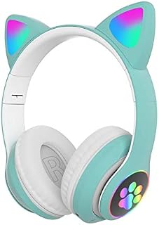 Kisbeibi Headphones, Cat Ear LED Light Up Foldable Bluetooth Headphone Wireless Gaming Headset for Kids Adult(Green)