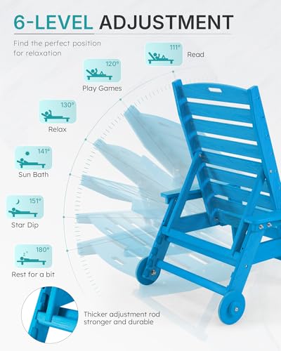 Image of Patio Chaise Lounge Chair Set of 2, Oversize Lounge Chairs with Wood Texture& Rolling Wheels, HDPE 6-Position Plastic Lounge Chairs for Poolside, Patio, Deck, Beach,Pacific Blue