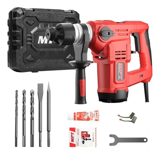 MPT 1-1/4 Inch SDS-Plus 13 Amp Heavy Duty Rotary Hammer Drill With Vibration Control And Safety Clutch,32mm For Concrete Including 5 Drill Bits,Point Chisel,Flat Chisel,includes Plug