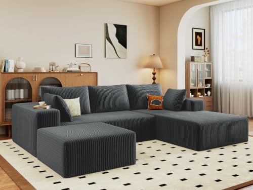 Image of 96 inch Modular Sectional Sofa with Ottoman, Modern Corduroy Cloud Couch with Deep Seat, Boneless Couch Upholstered 3-Seater U-Shaped Sofa for Living Room, No Assembly (Grey, Left-Facing Chaise)