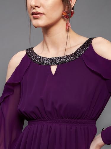 Image of Miss Chase Women's Round Neck Sleeveless Polyester Ruffled Knee- Length Dress