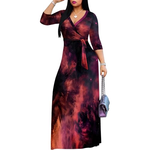 Image of PinkPatty Women's Print Maxi Dresses 3 /4 Sleeve Flowy Long Dress V Neck Wrap Tie Waist Sundress