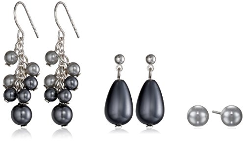Amazon Collection Grey Tonal Stud and Cluster Drop Simulated Pearl Trio Earrings