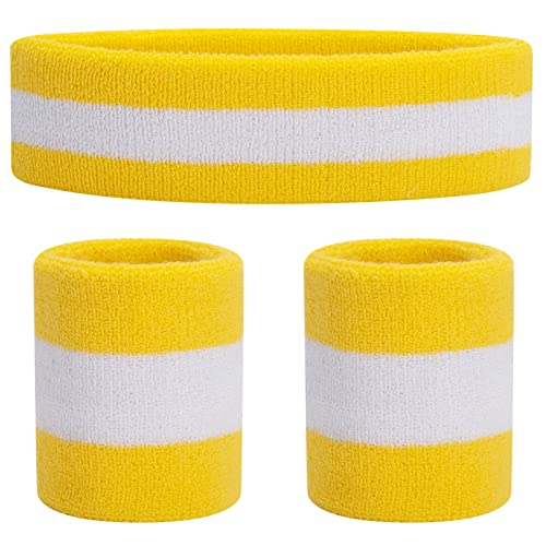 ONUPGO Sweatband Set Sports Headband Wristband Set Sweatbands Terry Cloth Wristband Wrist Sweatband Headbands Moisture Wicking Sweat Absorbing Head Band (Yellow/White/Yellow)