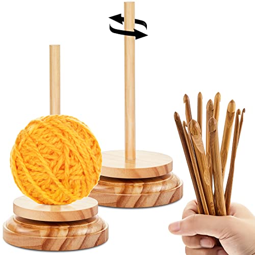 2 Pcs Wood Yarn Holder with 12 Bamboo Crochet Hooks Wooden Yarn Holder with Twirling Mechanism Wooden Spinning Yarn Crochet Needles for Knitting Crocheting DIY Crafts Gifts (Wood Color)