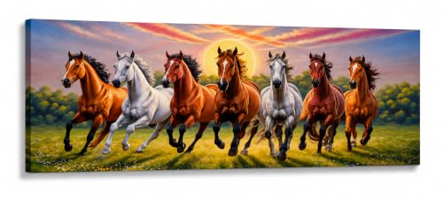 Image of 7 Horse Vastu Sunrise Canvas Painting | Positive Energy Wall Decor | Big Size Premium Running Horses Artwork for Home, Office & Hall Decoration (Modern, Brown Horse, 44x20 Inch)