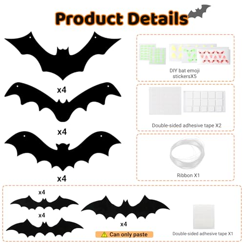 12 Pack Halloween Decorations Hanging Bats - 3 Style Scary Hanging Bat Set with 3D Bats Sticker, Outdoor Scary Flying Bats Set for Yard, Haunted House, Party - Indoor Outdoor Waterproof Decor by TOEKSIX - Image 3