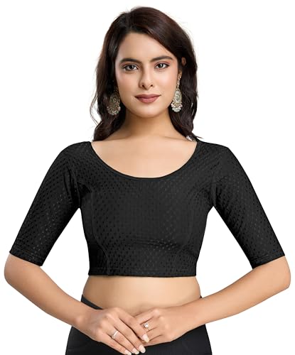 Image of TRENDMALLS Women's Dobby Pure Cotton Elastin Stretchable Readymade Round Neck Elbow Length Sleeves Blouse Choli Stylish Saree Blouse Ready to Wear