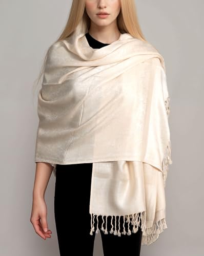 Achillea Two Tone Vintage Jacquard Paisley Pashmina Shawl Wrap Scarf (Cream) - Thumbnail 2