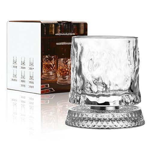 VLUOO Spinning Whiskey Glasses, 360° Rotating Old Fashioned Rocks Glasses, Diamond-Cut Old Fashioned Glasses, Rotating Crystal Glass for Bourbon, Scotch, Cocktails (Tree Bark)