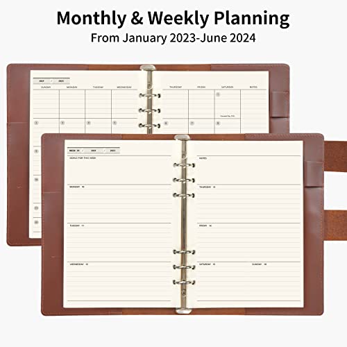 Nekmit Leather Planner 2023-2024, Monthly Weekly Planner, A5 Refillable 6 Ring Binder, Genuine Leather Cover With Inner Pockets And Pen Holder, Brown #TOP1