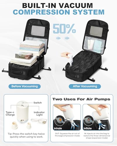 Image of coofay Vacuum Backpack Travel with Pump, Airline Approved Carry On Backpack | 15.6 inch Laptop Travel Backpack with Vacuum System, Compression Backpack with Shoe Compartment, Vacuum Seal Backpack Travel