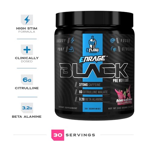 Image of eFlow Nutrition Enrage Black High Stimulant Pre Workout Supplement - Preworkout Powder to Boost Energy, Pumps and Strength - 4 Flavors (30 Servings) (Sour Black Cherry)
