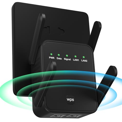 Ripetitore WiFi, amplificatore di segnale WiFi domestico, estensore WiFi, 2 porte LAN, 4 antenne, ripetitore/router/AP, copertura fino a 8.000 pollici quadrati per casa e ufficio