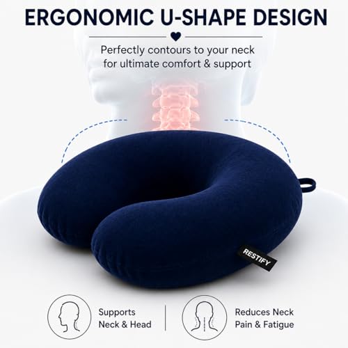 Image of Restify Premium Memory Foam Travel Neck Pillow | Soft Velvet U Shape Neck Support Cushion for Flight, Airplane, Car & Office Travel | Portable Pillow for Men & Women | Navy Blue