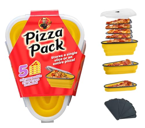 The Perfect Pizza Pack™ - Reusable Pizza Storage Container with 5 Microwavable Serving Trays - BPA-Free Adjustable Pizza Slice Container to Organize & Save Space, Yellow