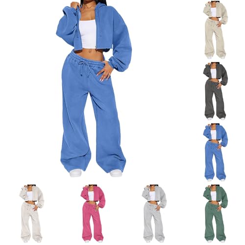 Zip Up Sweatsuits Women 2 Piece Outfit Cropped Sweatshirt Fashion Tracksuit | Travel Sweatsuits For Women Set Crop Zip Up Hoodie And Drawstring Wide Leg Sweatpants Dressy Casual Streetwear With Pockets - image 1