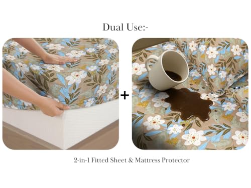 Image of HOMEKART Waterproof Fitted Bedsheet for King Size 78x72+10 inch | Leakproof, Noiseless, Skin-Friendly | Elastic Bed Sheet with 2 Pillow Covers | Dustproof & Breathable -Green & White