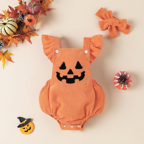 Newborn Baby Girl Clothes Ruffle Backless Pumpkin Romper Bodysuit Infant Fall Outfit with Headband2