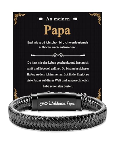 Kenqlot Papa Geschenk Lederarmband Geschenke für Männer - Schwarz Leder Armband Herren mit Gravur Weltbester Papa, Männer Armband Geschenke für Vater Geburtstag Vatertag