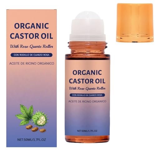 Organic Castor Oil Roll On 50ml,Rose Quartz Roller Ball, Castor Oil for Hair Growth,Non-Greasy,Fast-Absorbing for Skin & Hair,Suitable for All Skin Types,Gently Nourishes Skin Care,for Dry Skin