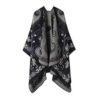 Asudaro Women's Winter Poncho Scarf, auspicious Clouds Cashew Flower Style, Knitted Poncho Stole Wrap, Poncho Cardigan with Open Front for Women Girls Festive Gifts, Type 2 (Navy Blue), navy, 3XS-XXL