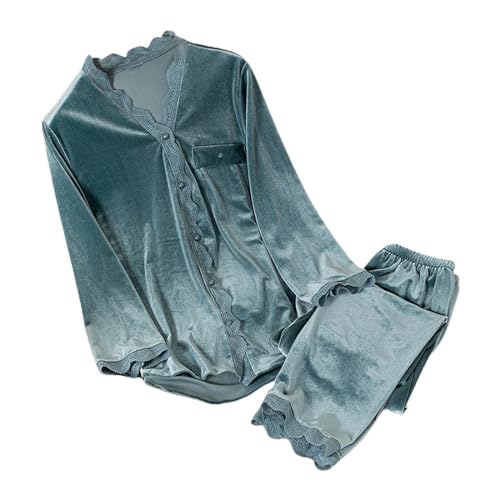 Vêtements de nuit en polaire pour femmes - Pyjama d'hiver en flanelle - Tenue d'intérieur chaude - Ensemble deux pièces en velours doré avec haut à...