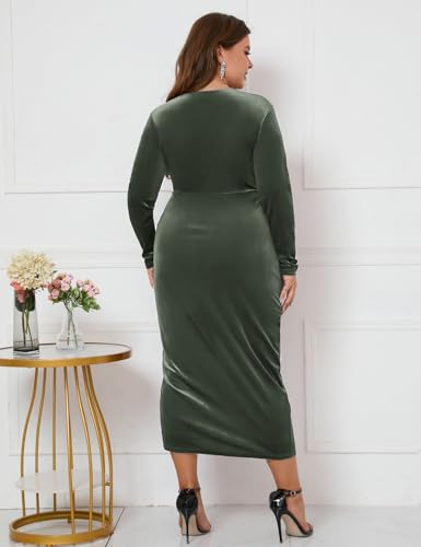 Image of ZOMVA Plus Size Velvet Wrap Dress Ruched Bodycon Dress Long Sleeves Ruffle Long Elegant Party Wedding Guest Cocktail Holiday