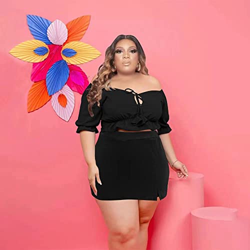 Image of Women Plus Size Skirt Two Piece Outfit Short Sleeve Off The Shoulder Crop Top shorts Dress Suit Set