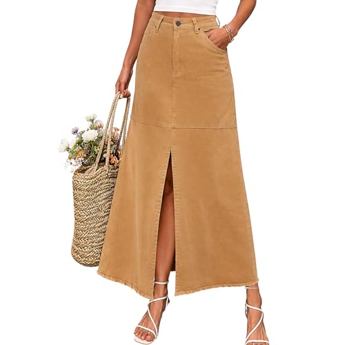 Image of materasu Women Midi Skirt with Pocket Front Slit Casual Straight High Waist Long Skirt