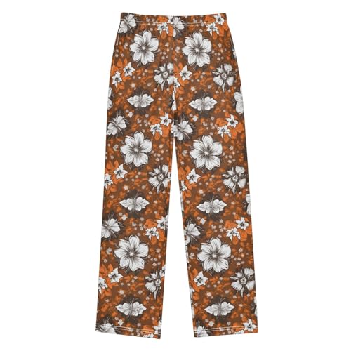 Pajama Pants Brown White Hawaiian Flowers Tribal PJ Bottoms Sleepwear Lounge Sleep Pant with Pockets - Main Image