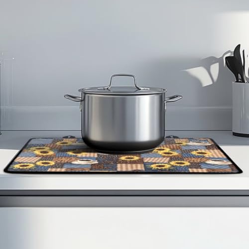 Image of Electric Stove Top Covers Heat Resistant Glass Ceramic Cooktop Cover Mat Multipurpose Kitchen Scratch Resistant Flat Top Stove Cover, 29 x 21 Inch, Sunflower Coffee Patchwork Print