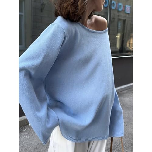Low Back Loose Knit Long Sleeve Sweater Scoop Draped Backline Side Curve Hem Pullover Minimalist Knitwear3
