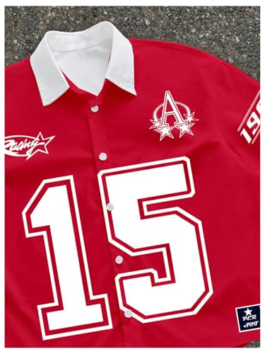 GORGLITTER Men's Letter Graphic Button Down Cropped Shirt Oversized Collared Rave Jersey Crop Tops3