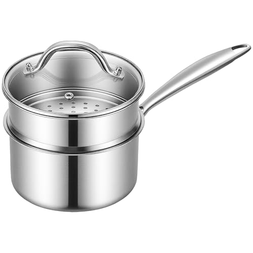 Ohtomber Tri-Ply Steamer for Cooking - Stainless Steel 3 Qt Saucepan with Lid, Medium Kitchen Induction Cooking Pot with Vegetable Food Steamer Basket, Non Stick Sauce Pan with Stay-Cool Handle