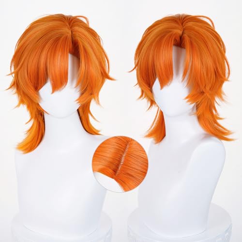 Image of LABEAUTE Unsex Cosplay Wig for Men Woman for Short Straight Cosplay Wig with Bangs for Anime Heat Resistant Hair for Party and Halloween (Medium- Length Orange Wig)