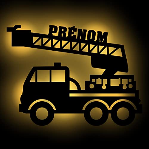 Lampe murale LED camion pompier en bois personnalisable Namofactur avec prénom