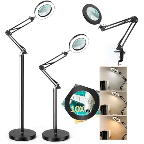 10X Magnifying Glass with Light and Stand, 3-in-1 Magnifying Floor Lamp Adjustable Swing Arm Stepless Dimmable 3 Color Modes, LED Lighted Magnifier for Close Work Reading Repair Painting Crafts Cover